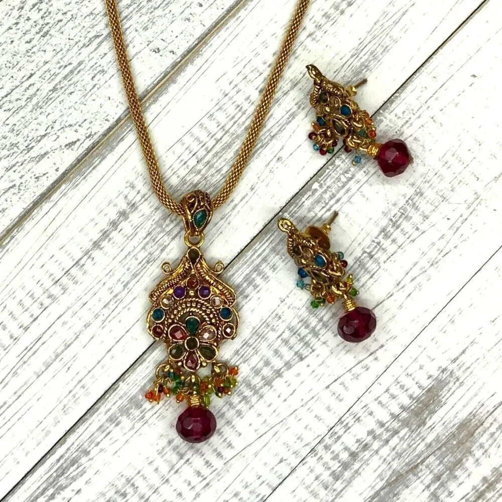 Necklace Earrings Set Gold Tone Ethnic India Boho Bollywood 16 Inch Length